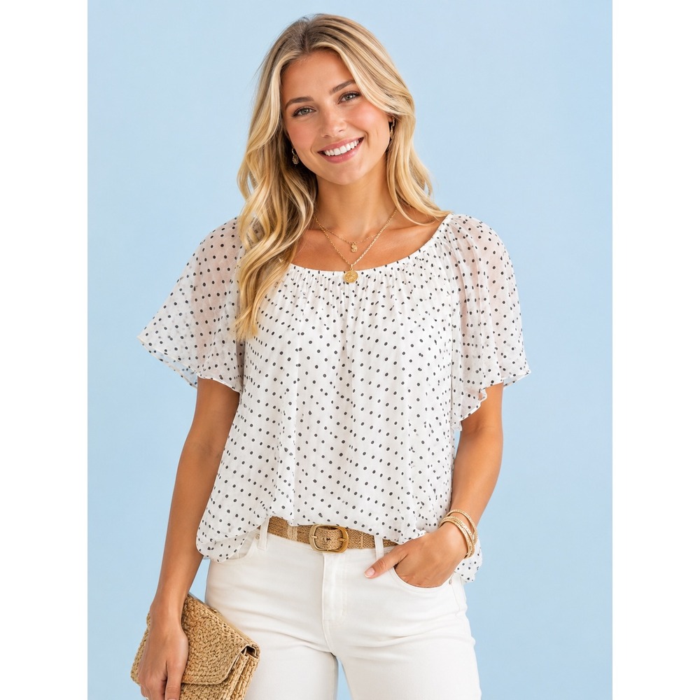 Made in Italy White Silk Polka Dot Flutter Sleeve Chiffon Blouse Top Small